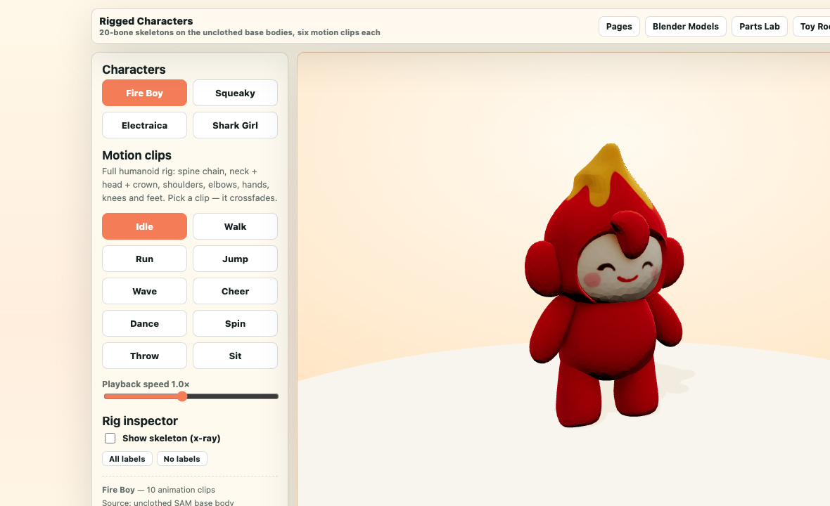 Fire Boy Rigged page screenshot with the motion clip viewer