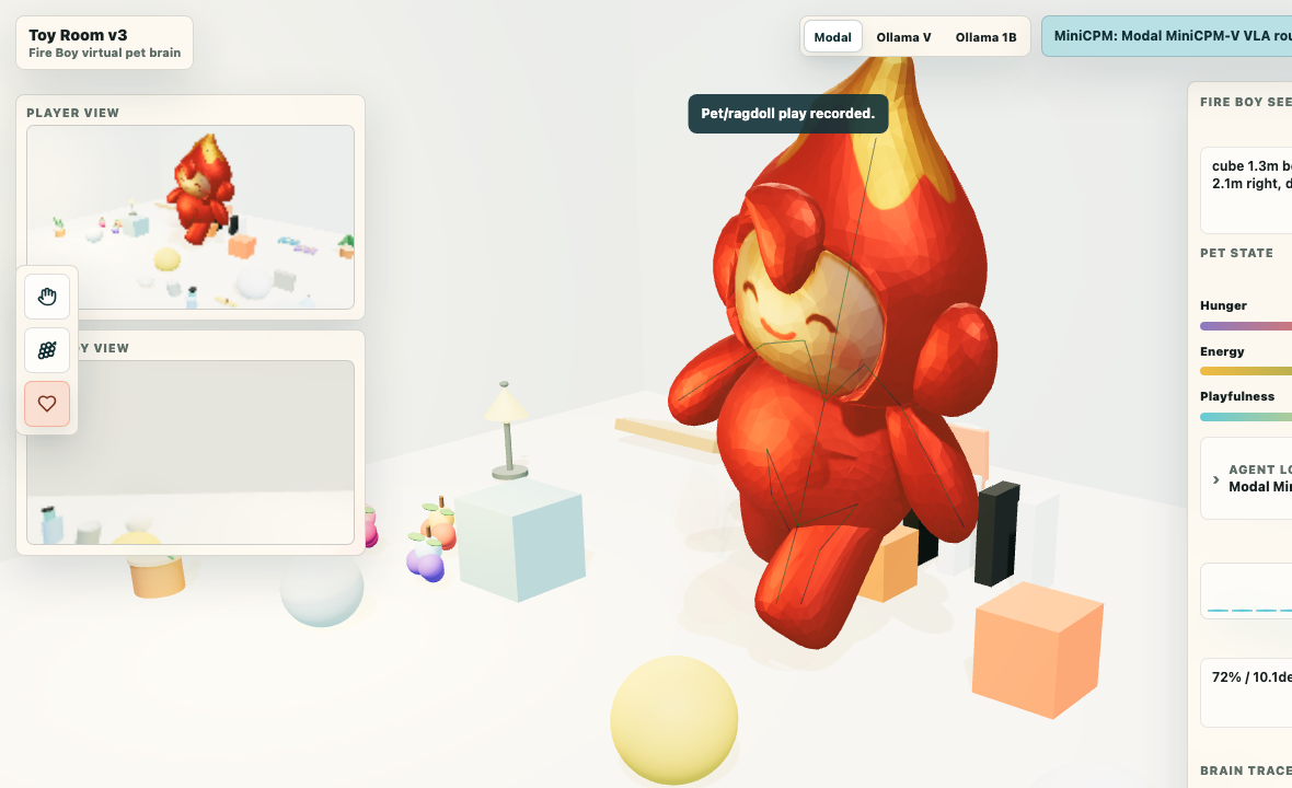 Default Toy Room page screenshot with Fire Boy status controls